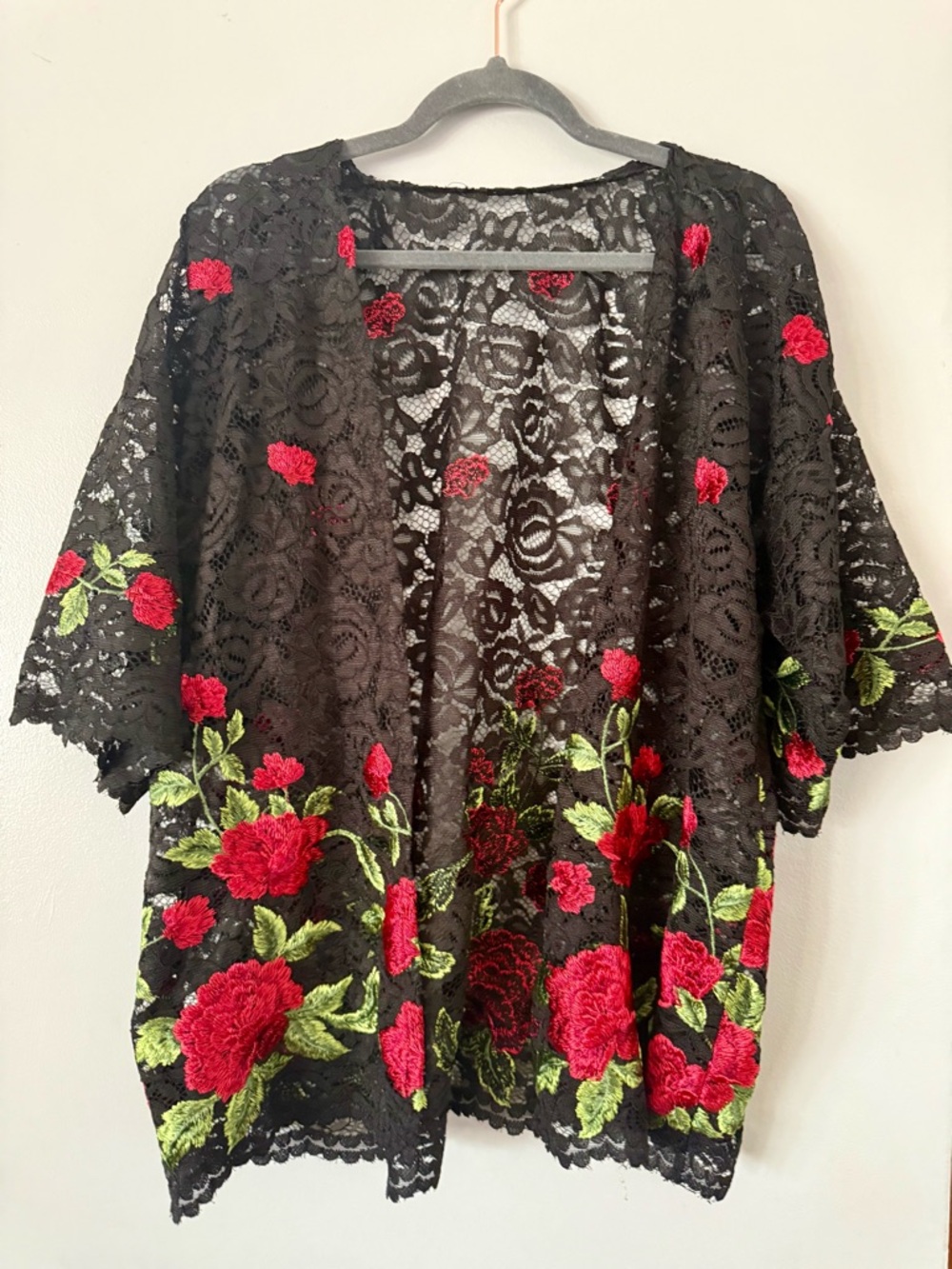Black Embroidered Rose Lace Kimono Wrap Overlay Cardigan